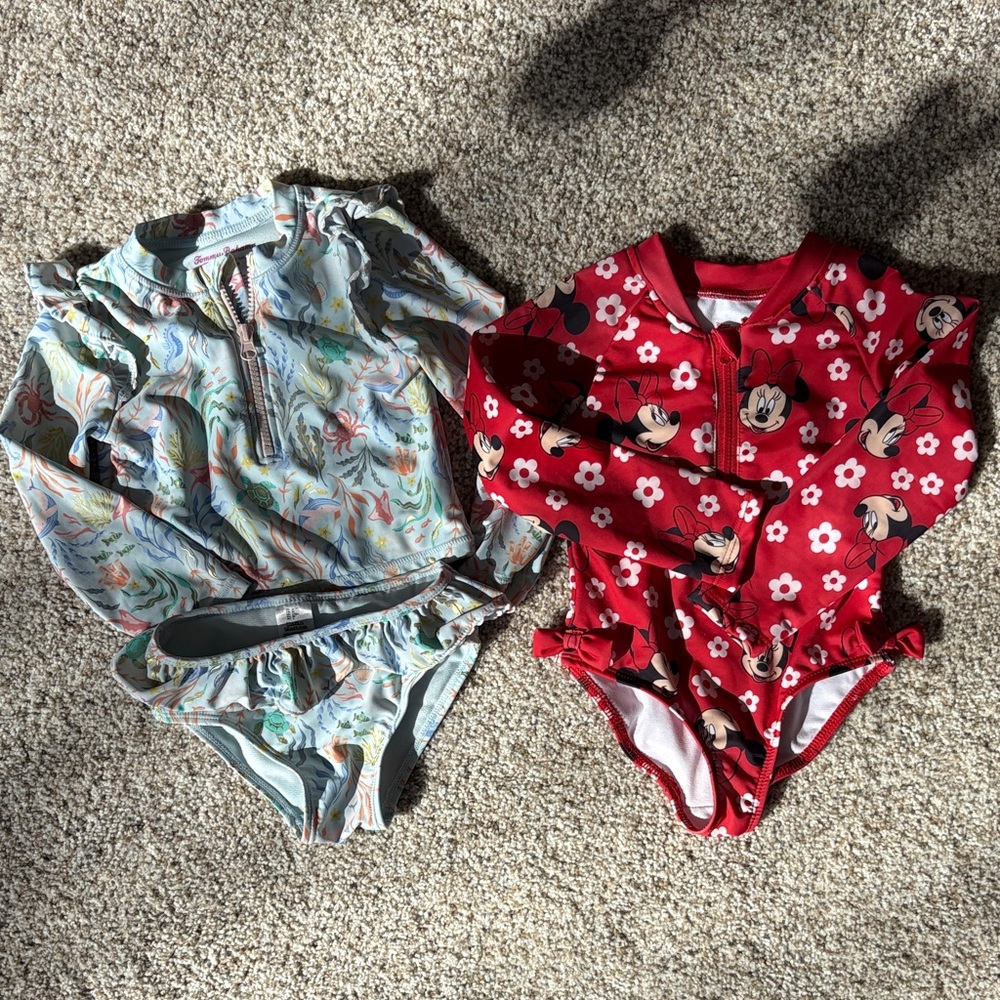 Girls Toddler Long Sleeve Swim Set - Red Minnie & Pastel Sea Life Two-Piece 3T